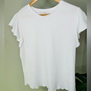 Gb Fashion London White Ribbed Ruffle Trim Short Sleeve Top Size X-Large - NWOT